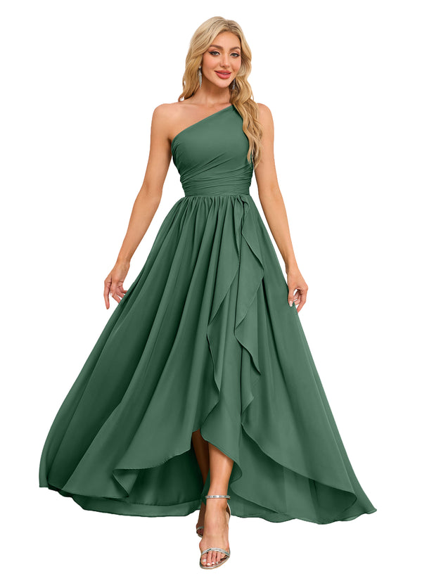 A-line One Shoulder Floor-Length Chiffon Bridesmaid Dress With Ruffle