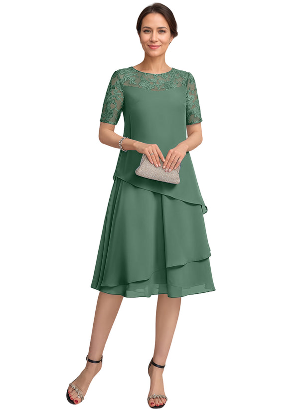 A-line Scoop Illusion Knee-Length Lace Chiffon Mother of the Bride Dress With Sequins