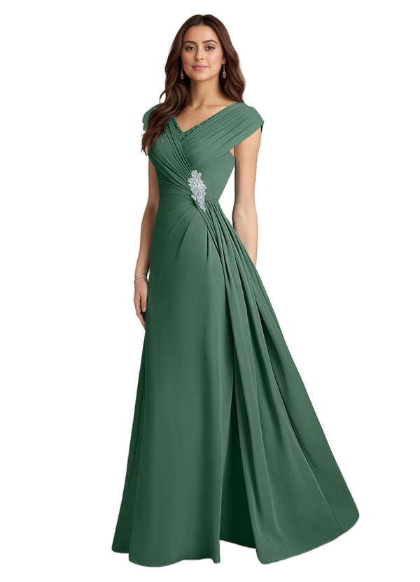 A-line V-Neck Floor-Length Chiffon Mother of the Bride Dress With Pleated Sequins