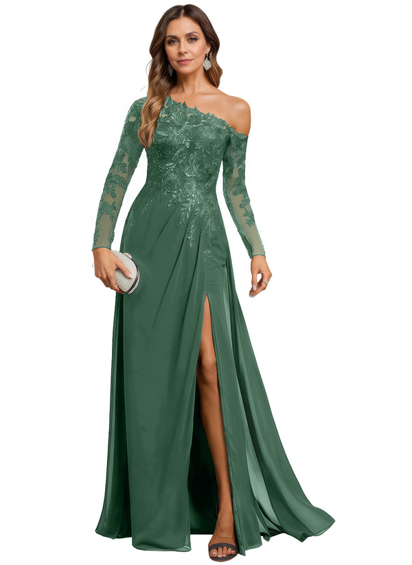 Trumpet/Mermaid Asymmetrical Illusion Floor-Length Lace Chiffon Evening Dress With Sequins