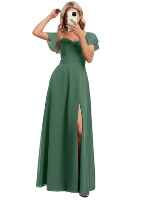 A-line V-Neck Floor-Length Chiffon Bridesmaid Dress With Ruffle