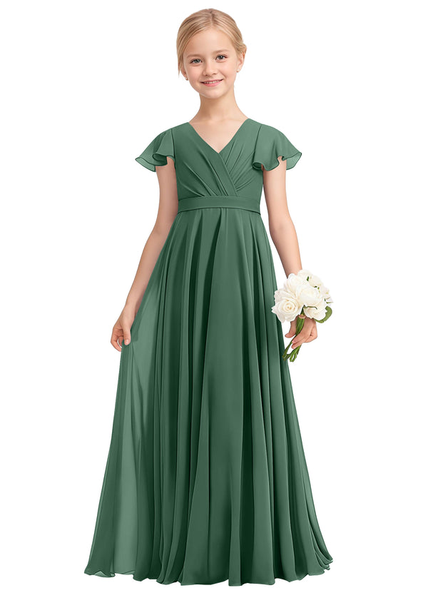 A-line V-Neck Floor-Length Chiffon Junior Bridesmaid Dress