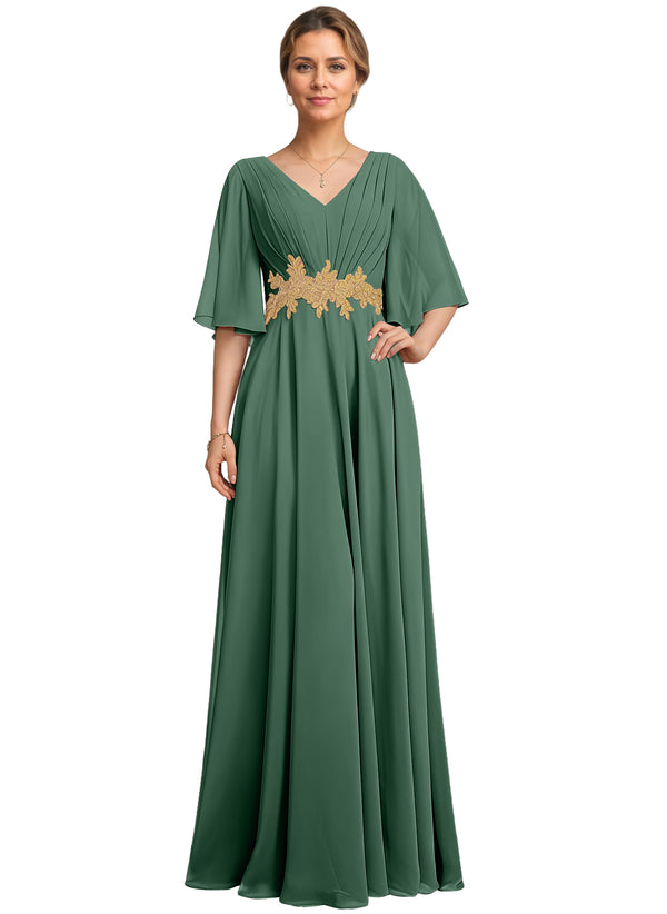 A-line V-Neck Floor-Length Chiffon Lace Mother of the Bride Dress With Sequins Beading