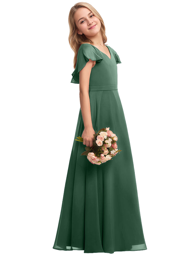 A-line V-Neck Floor-Length Chiffon Junior Bridesmaid Dress