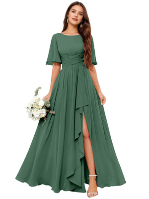 A-line Scoop Floor-Length Chiffon Bridesmaid Dress With Slit