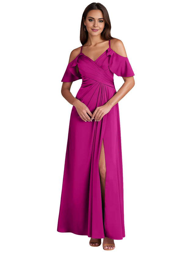 A-line Cold Shoulder Floor-Length Satin Bridesmaid Dress With Ruffle