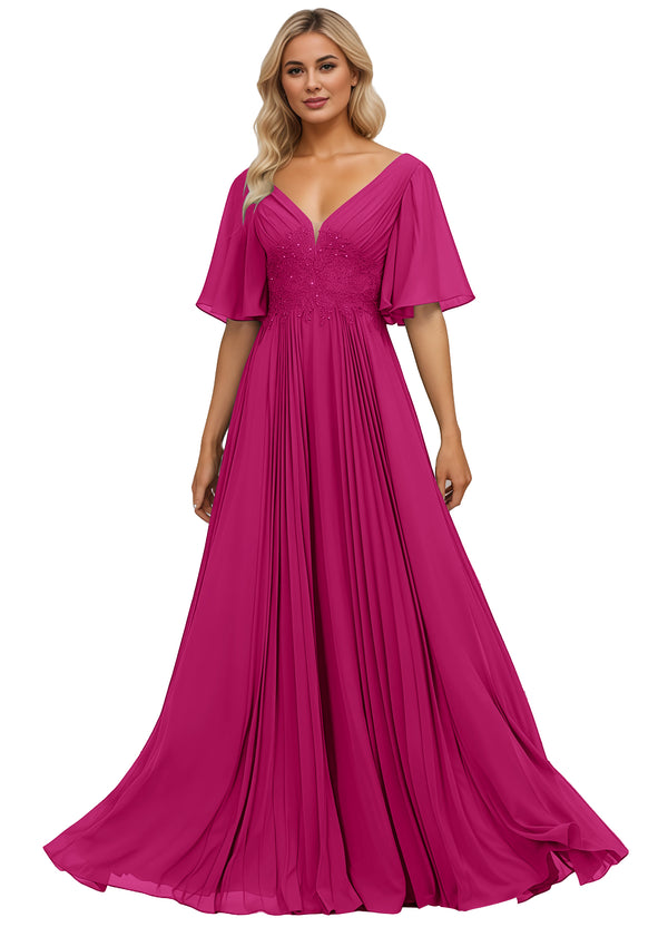 A-line V-Neck Floor-Length Chiffon Mother of the Bride Dress With Sequins Appliques Lace Pleated