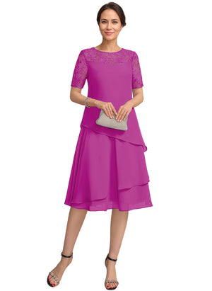 A-line Scoop Illusion Knee-Length Lace Chiffon Mother of the Bride Dress With Sequins