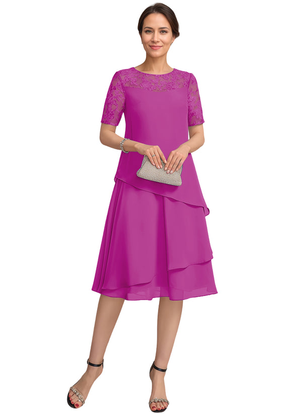 A-line Scoop Illusion Knee-Length Lace Chiffon Mother of the Bride Dress With Sequins