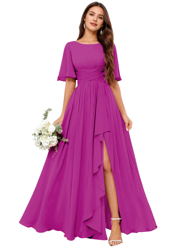 A-line Scoop Floor-Length Chiffon Bridesmaid Dress With Slit