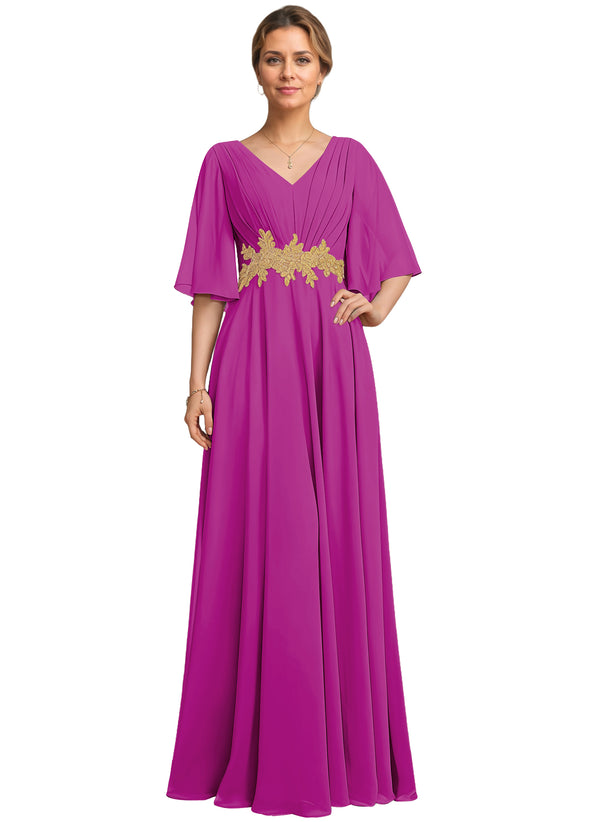 A-line V-Neck Floor-Length Chiffon Lace Mother of the Bride Dress With Sequins Beading