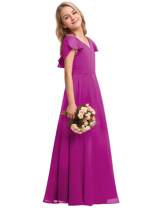 A-line V-Neck Floor-Length Chiffon Junior Bridesmaid Dress