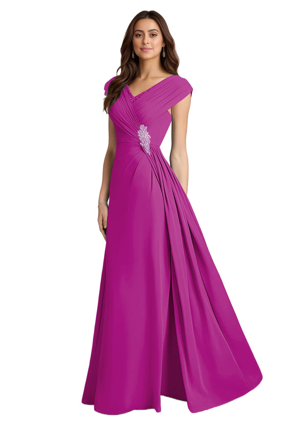 A-line V-Neck Floor-Length Chiffon Mother of the Bride Dress With Pleated Sequins