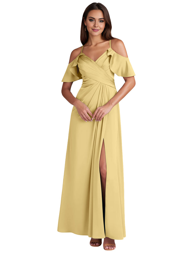 A-line Cold Shoulder Floor-Length Satin Bridesmaid Dress With Ruffle