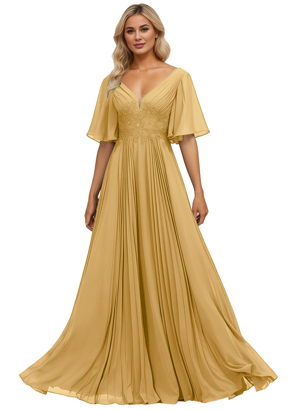 A-line V-Neck Floor-Length Chiffon Mother of the Bride Dress With Sequins Appliques Lace Pleated