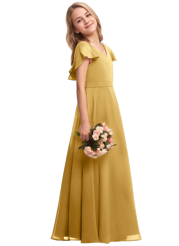 A-line V-Neck Floor-Length Chiffon Junior Bridesmaid Dress