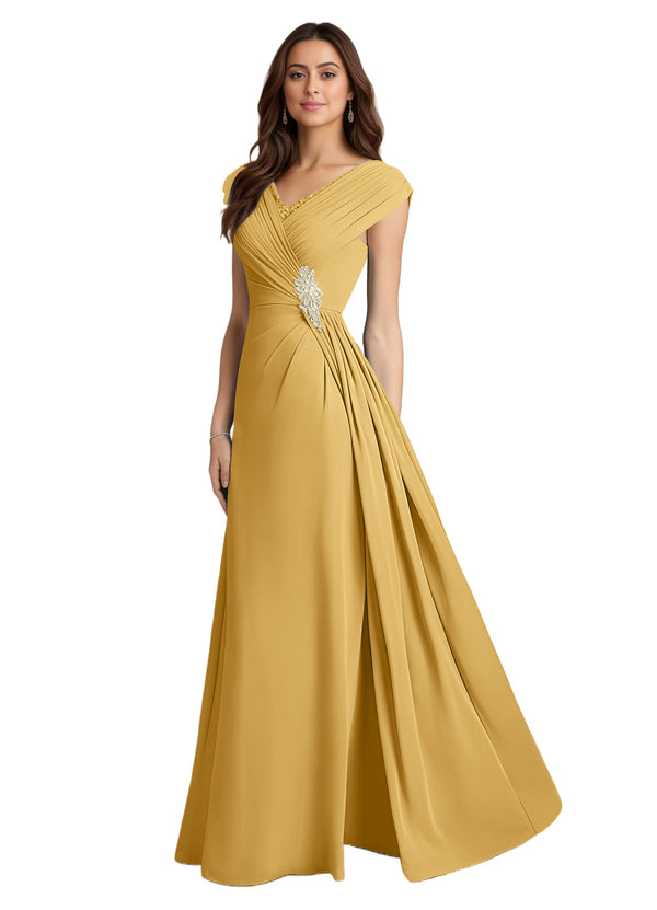 A-line V-Neck Floor-Length Chiffon Mother of the Bride Dress With Pleated Sequins
