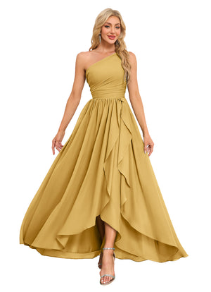 A-line One Shoulder Floor-Length Chiffon Bridesmaid Dress With Ruffle