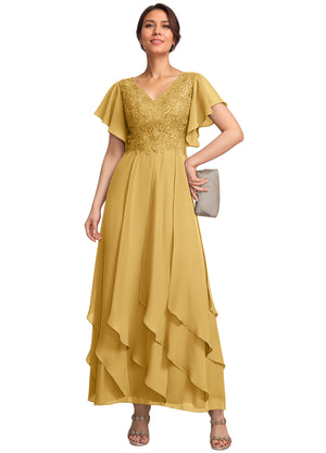 A-line V-Neck Ankle-Length Lace Chiffon Mother of the Bride Dress With Cascading Ruffles