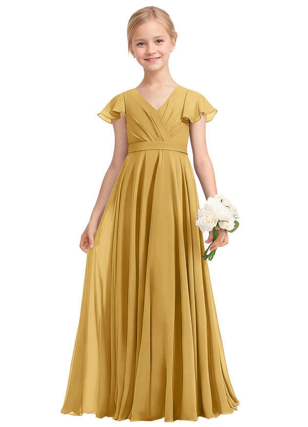 A-line V-Neck Floor-Length Chiffon Junior Bridesmaid Dress