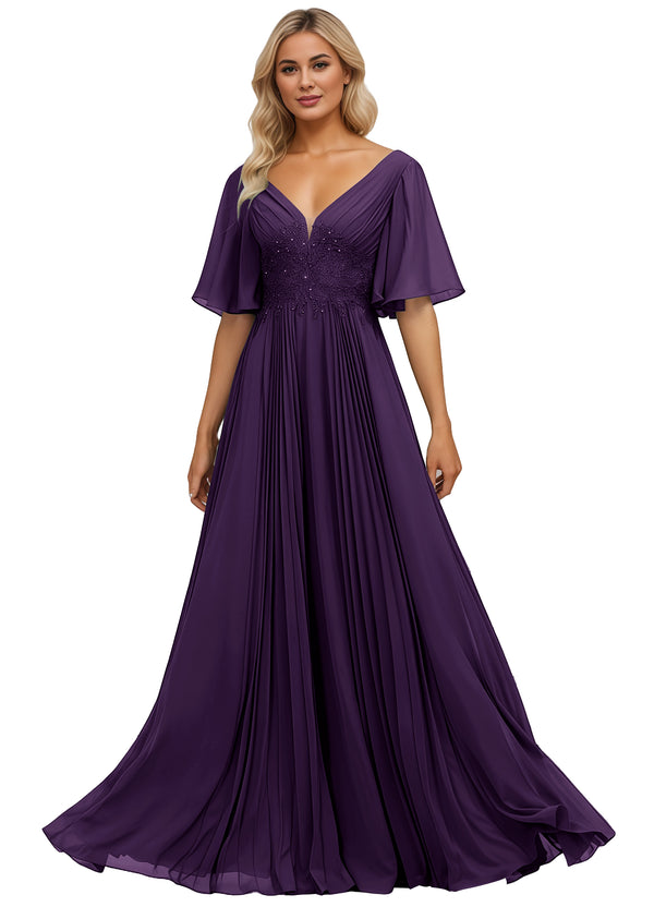 A-line V-Neck Floor-Length Chiffon Mother of the Bride Dress With Sequins Appliques Lace Pleated