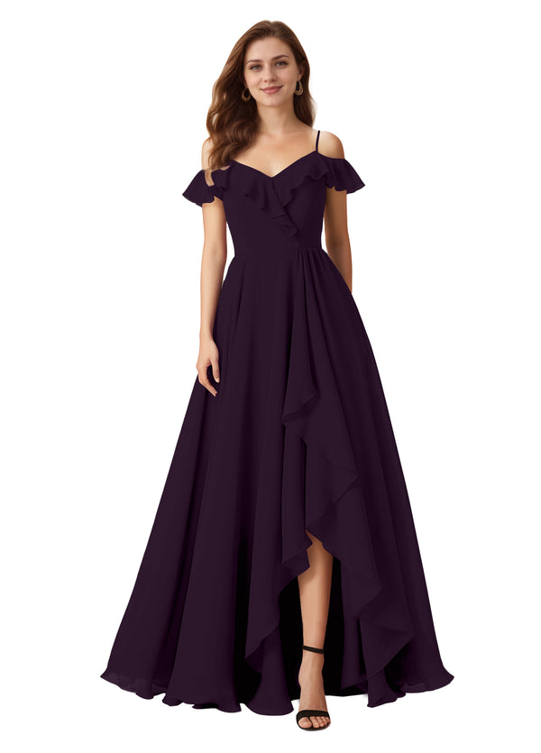 A-line Cold Shoulder Floor-Length Chiffon Bridesmaid Dress With Ruffle