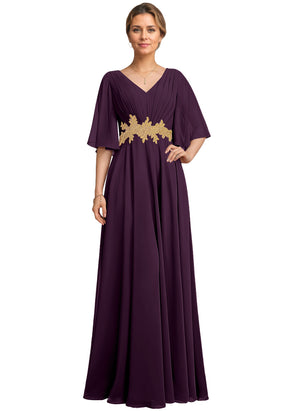 A-line V-Neck Floor-Length Chiffon Lace Mother of the Bride Dress With Sequins Beading