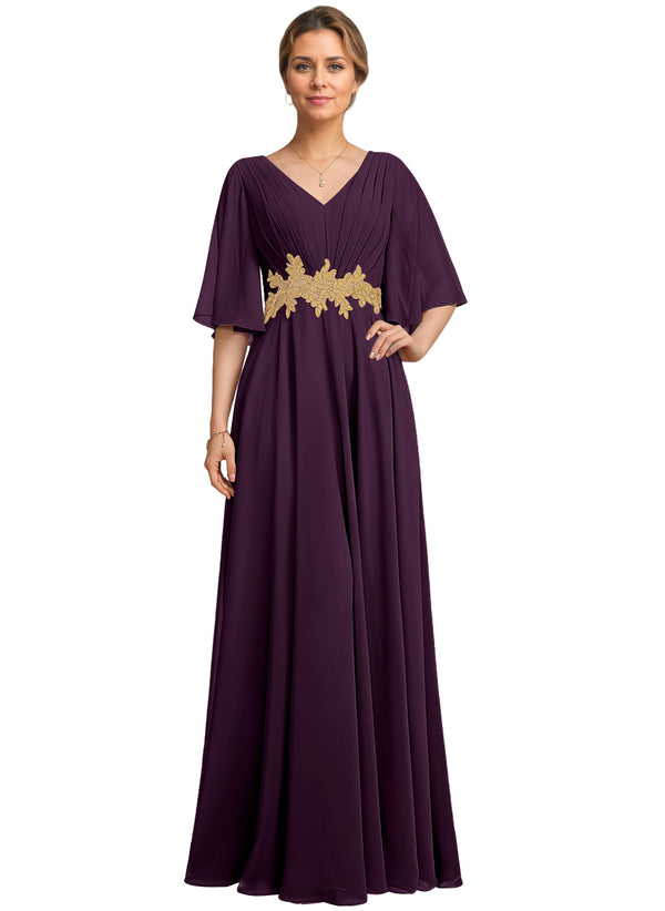 A-line V-Neck Floor-Length Chiffon Lace Mother of the Bride Dress With Sequins Beading