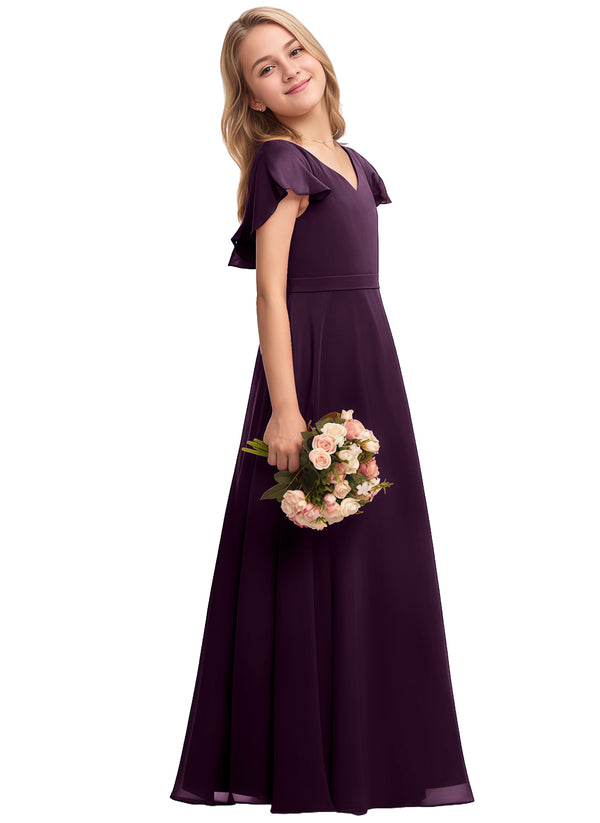A-line V-Neck Floor-Length Chiffon Junior Bridesmaid Dress