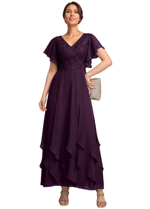 A-line V-Neck Ankle-Length Lace Chiffon Mother of the Bride Dress With Cascading Ruffles