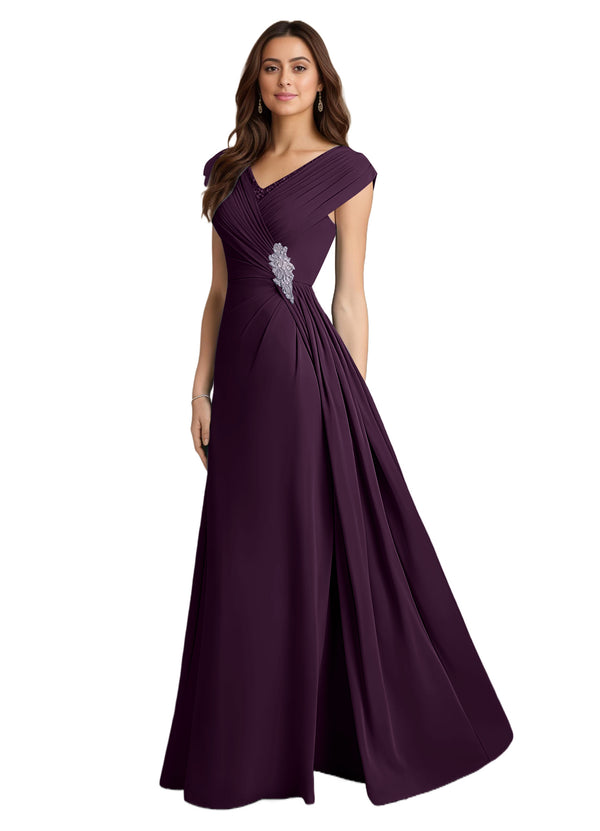 A-line V-Neck Floor-Length Chiffon Mother of the Bride Dress With Pleated Sequins