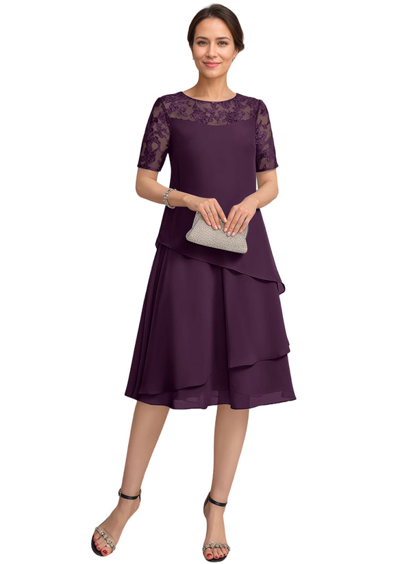 A-line Scoop Illusion Knee-Length Lace Chiffon Mother of the Bride Dress With Sequins