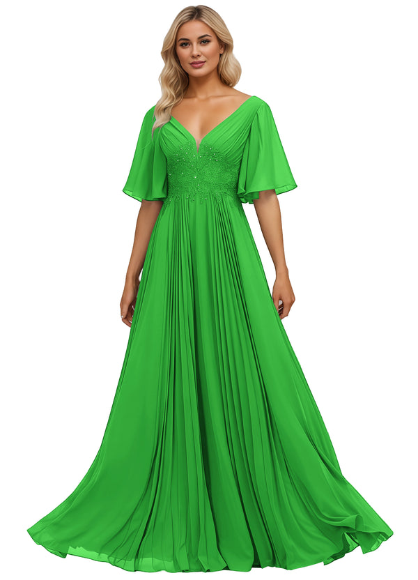 A-line V-Neck Floor-Length Chiffon Mother of the Bride Dress With Sequins Appliques Lace Pleated