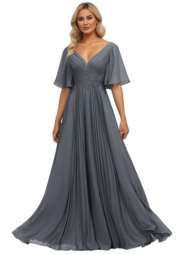 A-line V-Neck Floor-Length Chiffon Mother of the Bride Dress With Sequins Appliques Lace Pleated