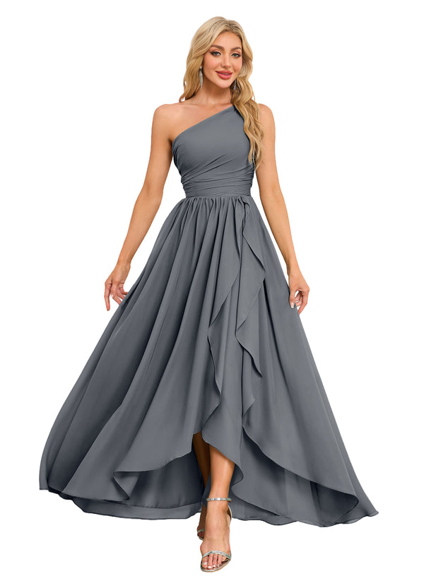 A-line One Shoulder Floor-Length Chiffon Bridesmaid Dress With Ruffle