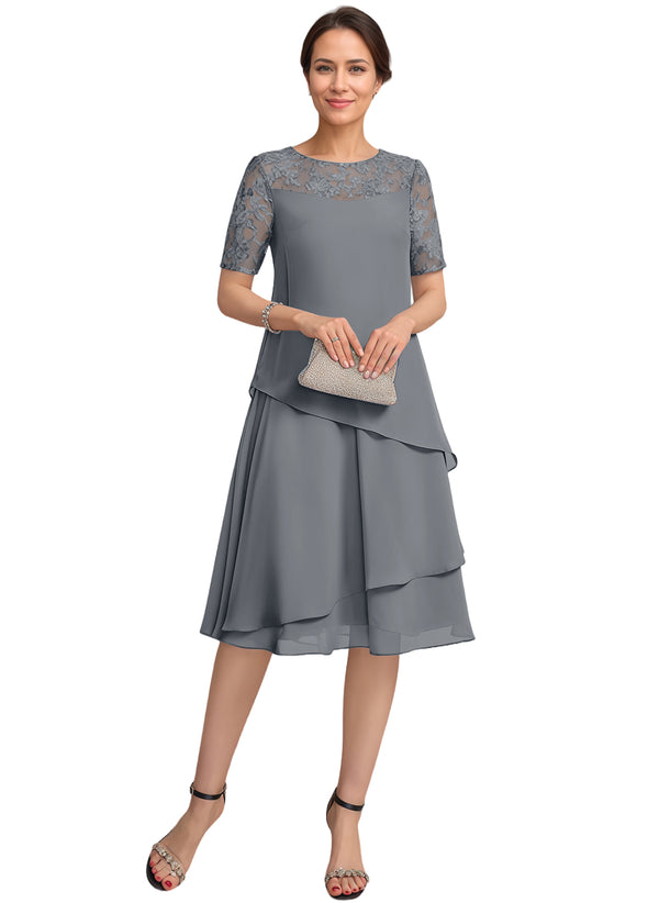 A-line Scoop Illusion Knee-Length Lace Chiffon Mother of the Bride Dress With Sequins