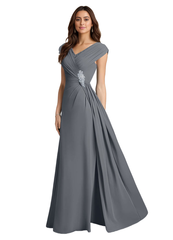 A-line V-Neck Floor-Length Chiffon Mother of the Bride Dress With Pleated Sequins