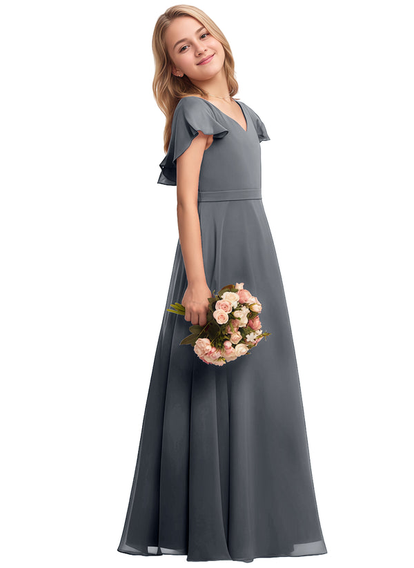 A-line V-Neck Floor-Length Chiffon Junior Bridesmaid Dress
