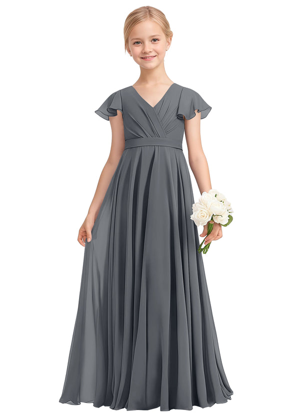 A-line V-Neck Floor-Length Chiffon Junior Bridesmaid Dress