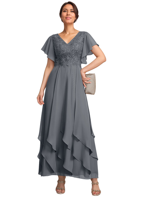 A-line V-Neck Ankle-Length Lace Chiffon Mother of the Bride Dress With Cascading Ruffles