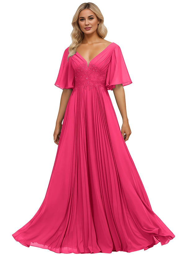 A-line V-Neck Floor-Length Chiffon Mother of the Bride Dress With Sequins Appliques Lace Pleated