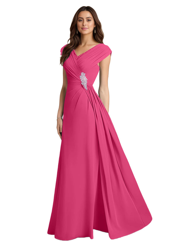 A-line V-Neck Floor-Length Chiffon Mother of the Bride Dress With Pleated Sequins
