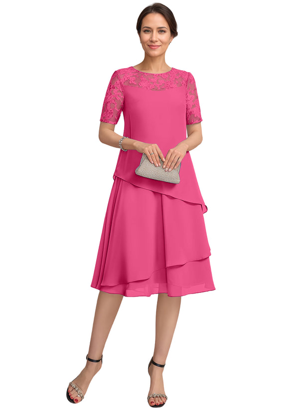 A-line Scoop Illusion Knee-Length Lace Chiffon Mother of the Bride Dress With Sequins