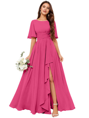 A-line Scoop Floor-Length Chiffon Bridesmaid Dress With Slit