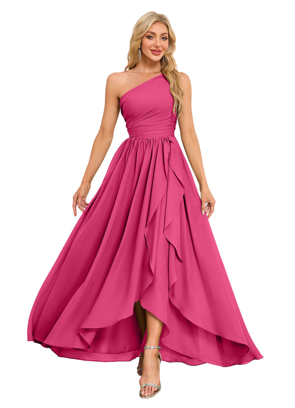 A-line One Shoulder Floor-Length Chiffon Bridesmaid Dress With Ruffle