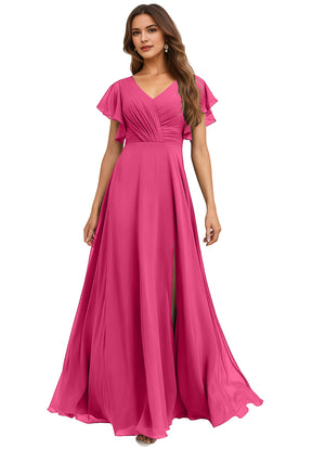 A-line V-Neck Floor-Length Chiffon Bridesmaid Dress With Ruffle