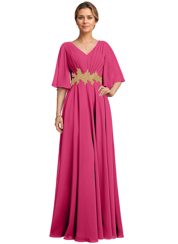 A-line V-Neck Floor-Length Chiffon Lace Mother of the Bride Dress With Sequins Beading