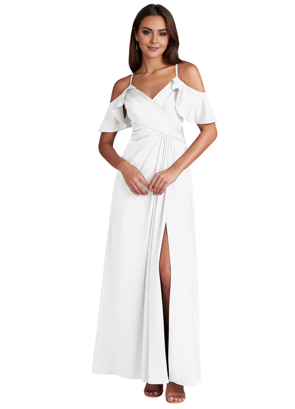 A-line Cold Shoulder Floor-Length Satin Bridesmaid Dress With Ruffle