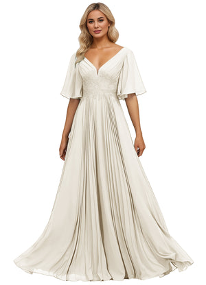 A-line V-Neck Floor-Length Chiffon Mother of the Bride Dress With Sequins Appliques Lace Pleated