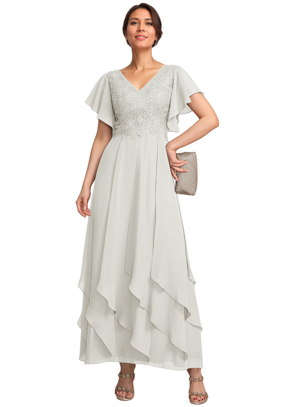 A-line V-Neck Ankle-Length Lace Chiffon Mother of the Bride Dress With Cascading Ruffles